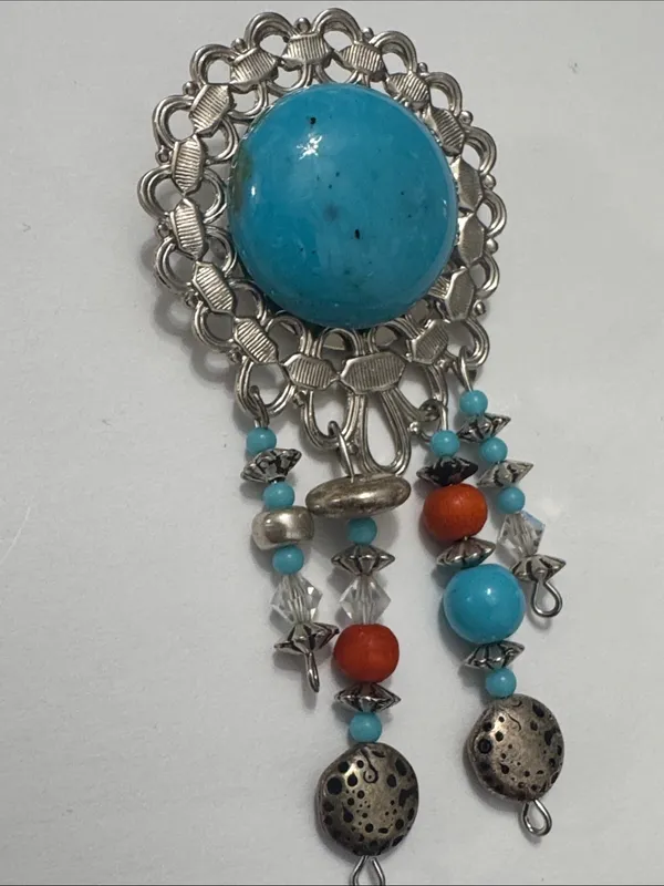 Vintage Turquoise& Coral Dangle Brooch — Silver-Tone Women’s Jewelry - Image 6