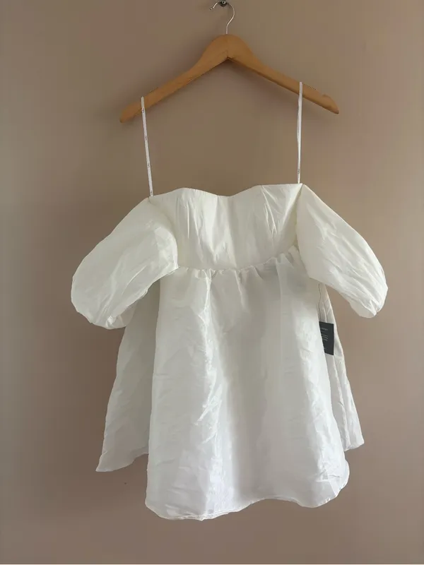 Lulus Sweet Vision White Taffeta Off-the-Shoulder Babydoll Mini Dress Medium - Image 4