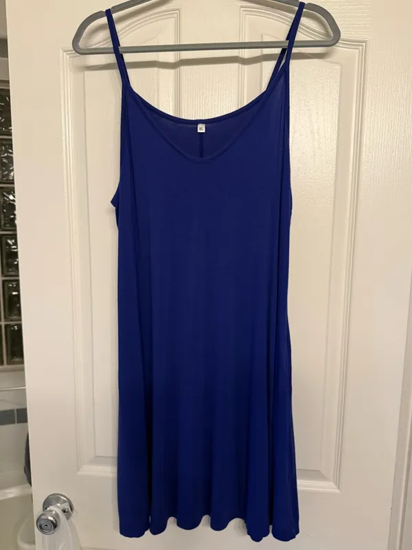 Royal Blue Spaghetti Strap Slip Dress XL | Flowy Rayon Tank Dress with Pockets - Image 2