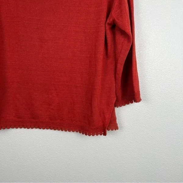 J Crew Linen Sweater With‎ Pom Pom Trim Red Sz XS - Image 5