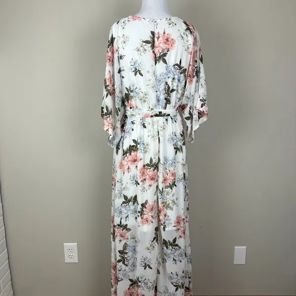 BALTIC BORN Maxi‎ Dress Womens Large White Floral Belted V-Neck Feminine Flowy L - Image 6