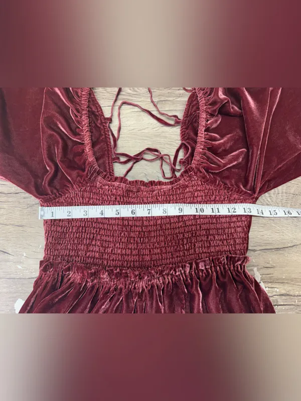 Free‎ People Daphne Burgundy Wine Velvet Babydoll Mini Dress size xs - Image 7
