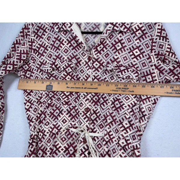 Womens Geometric Diamond Print Long Sleeve Button Down Midi Shirt Dress Burgundy - Image 7