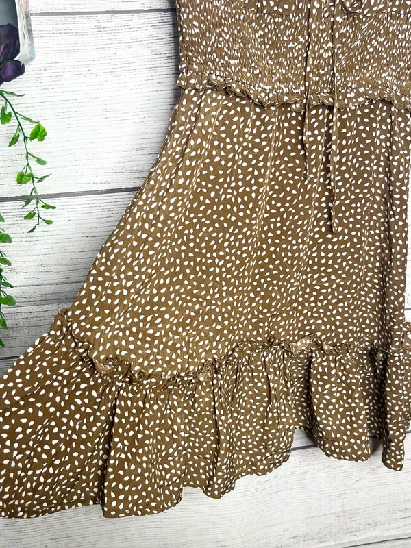 Brown & White Polka Dot Smocked Sleeveless Mini Dress with Ruffle Hem Size Small - Image 5