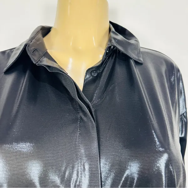 Anthropologie Metallic Liquid Blouse Sz M Black Long Sleeves - Image 2