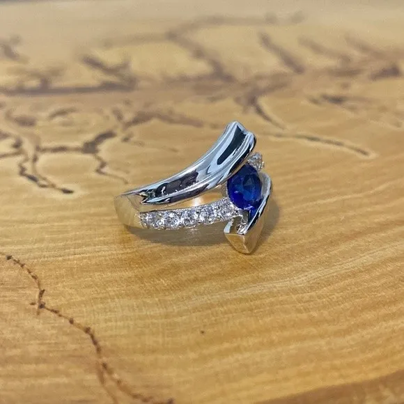 Sterling Silver Sapphire Bypass Ring Size 5.25 - Image 3