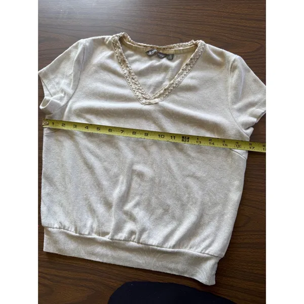 Marisfrolg Womens Beige V-Neck Crochet Lace‎ Trim Short Sleeve Knit Top Size 38 - Image 3