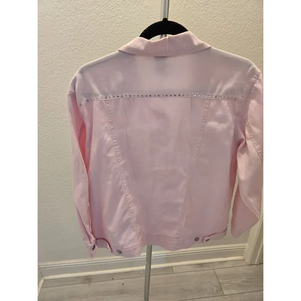 Las Olas Vintage Pink Denim Jacket Rhinestone Studded Y2K Jean Coat Women Size L - Image 5