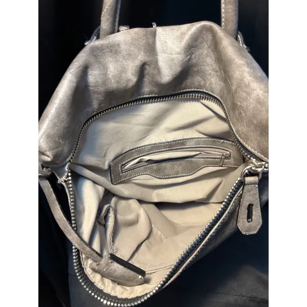 Gray Distressed Vegan Leather Convertible Backpack Shoulder‎ Bag Silver Padlock - Image 3