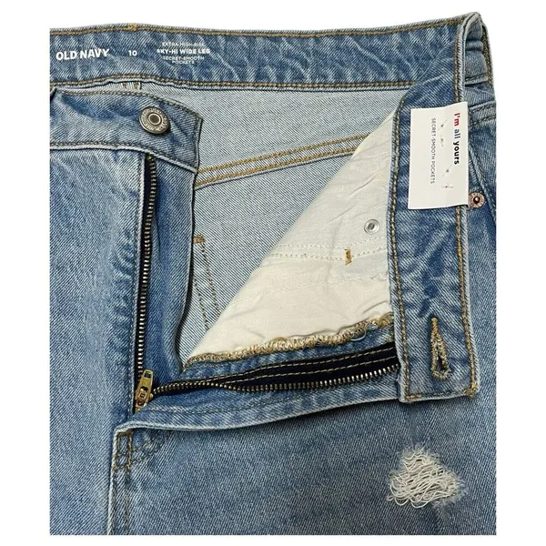 New Old Jeans Navy Womens 10 Extra High Rise Sky Hi Wide Leg Raw Hem Light Blue - Image 3