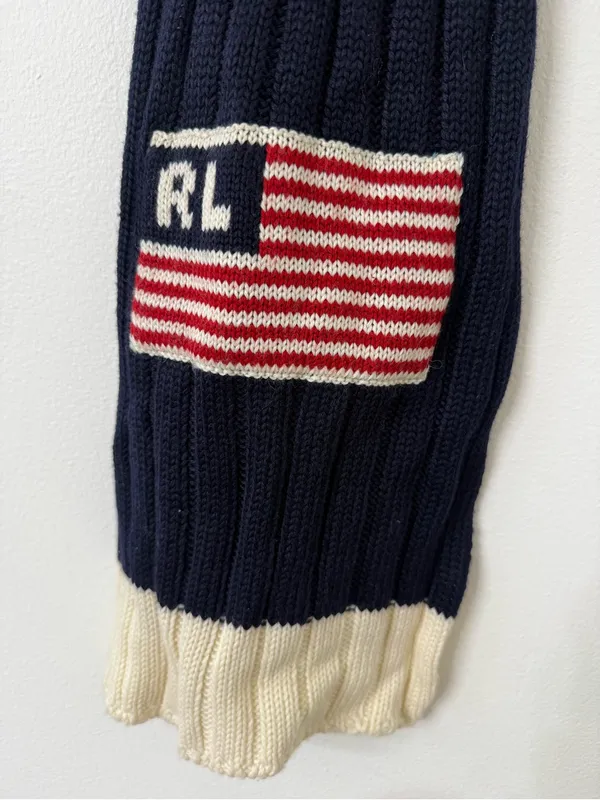 Polo Ralph Lauren Wool Blend Ribbed Navy Scarf Sweater with Flag - Image 2