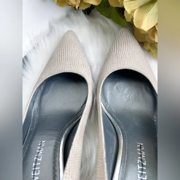 Stuart Weitzman Casual Beige Textured Block Heel Pumps Pointed Toe Women's Shoes - Image 10