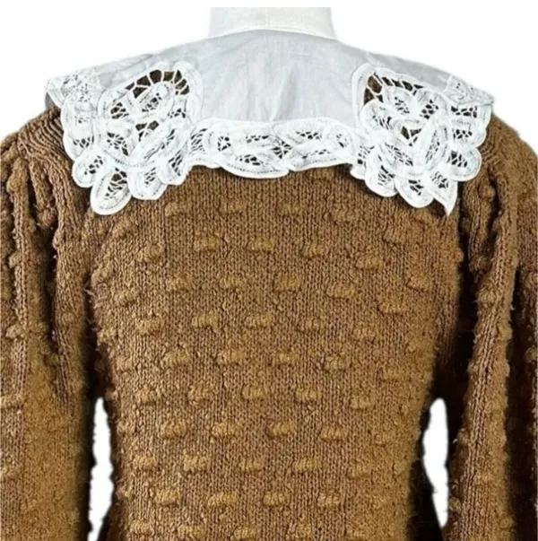 Anthropologie Cottage Balloon Sleeve Battenberg Lace Collared Cardigan Sweater L - Image 8