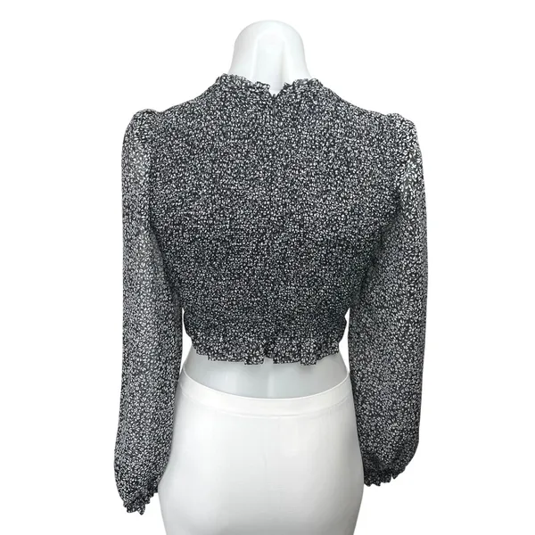 Aritzia Wilfred Tempest Black Floral Smocked Puff Sleeve Crop Top Blouse Sz 2XS - Image 2