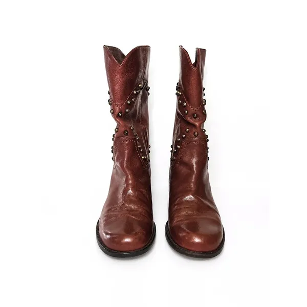 Stuart Weitzman Cognac Brown Leather Studded Western Mid-Calf Boots Womens 7M - Image 4