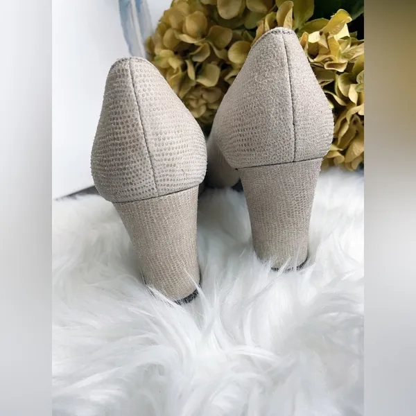 Stuart Weitzman Casual Beige Textured Block Heel Pumps Pointed Toe Women's Shoes - Image 5