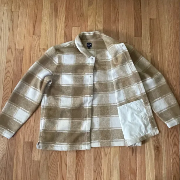 Gap Plaid Fleece Jacket Womens XL Tan Minimalist Fall Granola Western Neutral - Image 6