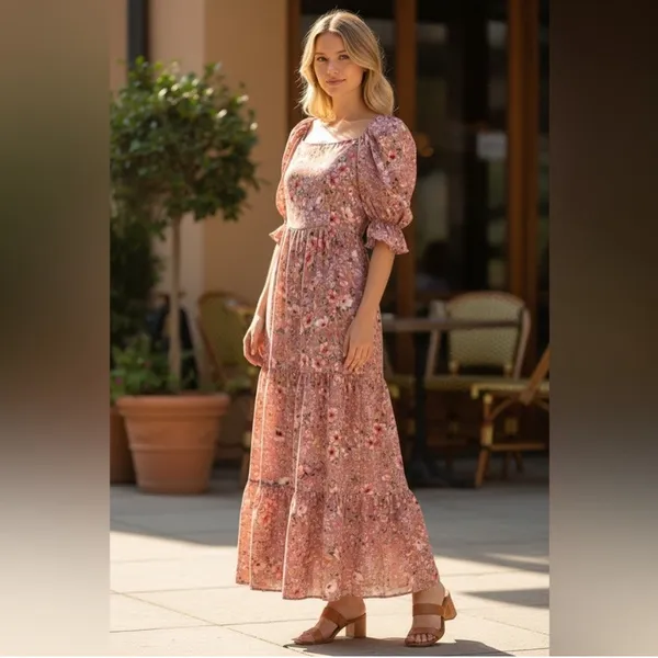 Inmod Pink Floral Puff Sleeve Open Tie Back Maxi Dress Small Romantic Feminine - Image 11