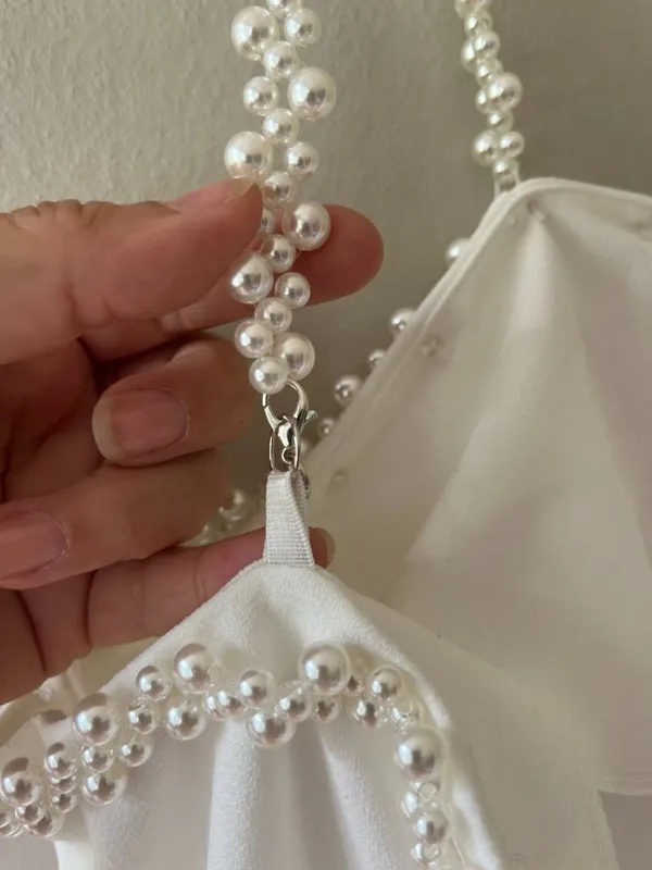 White Mini Dress Sz S - M Bandeau neckline decorated with faux pearls straps - Image 4