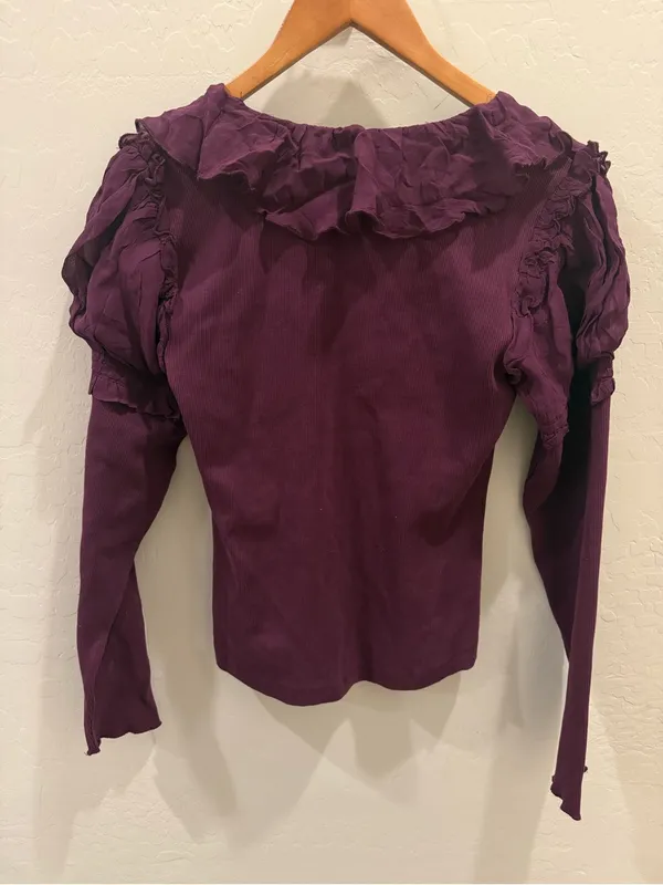 Anthropologie NWT Ribbed Ruffle V-Neck Long Sleeve Top Plum Purple M - Image 2