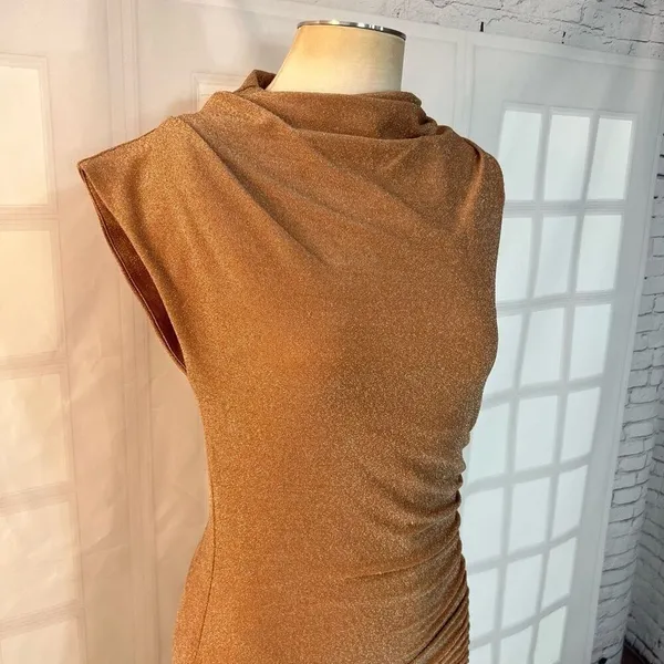 Dress Forum Tan Metallic Glitter High Neck Ruched Slit Bodycon Midi Dress Small - Image 5