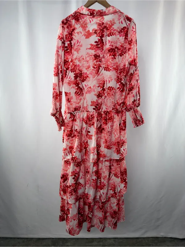 Udel New York Floral Long Sleeve Tiered‎ Maxi Shirt Dress in White Red - Image 3