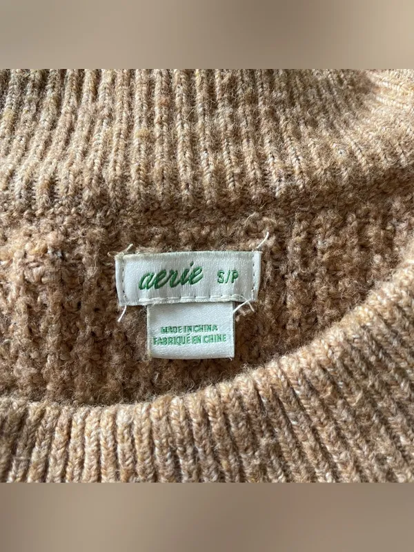 Aerie Oversized Waffle Crew Sweater, Tan/Camel, Size S, EUC - Image 5