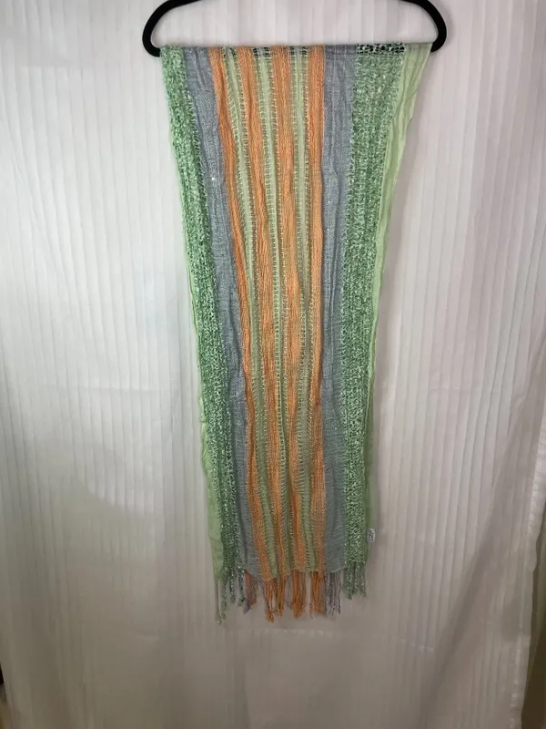 Charming Charlie Pastel Striped Knit Scarf Green Gray Peach Fringe Lightweight - Image 2