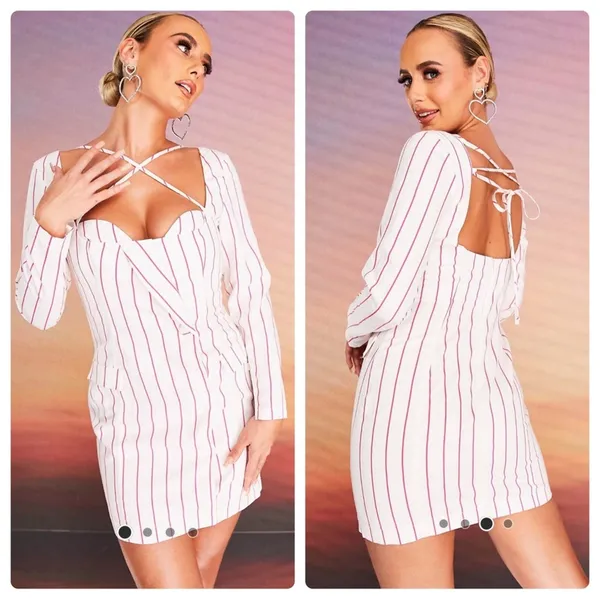 NWT ASOS DESIGN x MILLIE halter neck‎ blazer mini dress in stripe print White - Image 2