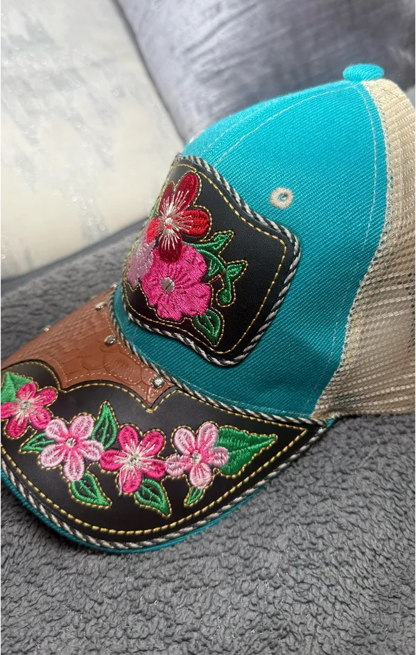 Blue leather trucker hat with floral embroidery - Image 3