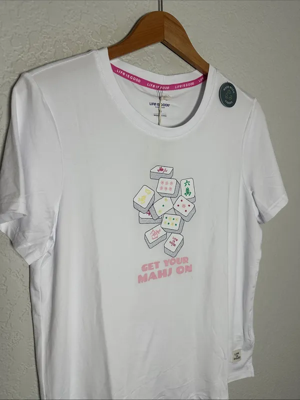NEW Life Is Good White Tee Mahjong Tile Graphic Sleep Top Get Your Mahj On - Image 2