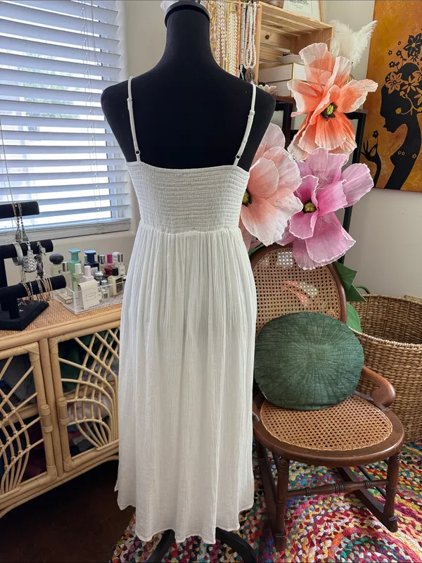 Aerie Off White Twist Front Keyhole Semi-Sheer Side Slit Boho Hippie Midi Dress - Image 2