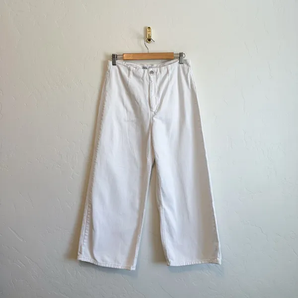Zara | High‎ Waist Cropped Wide Leg Denim Jeans in White - Image 2