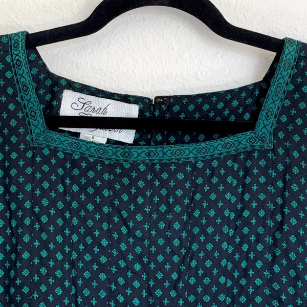 Sarah Elizabeth Vintage Green Black Diamond Print Rayon Cottagecore Dress Size 8 - Image 3