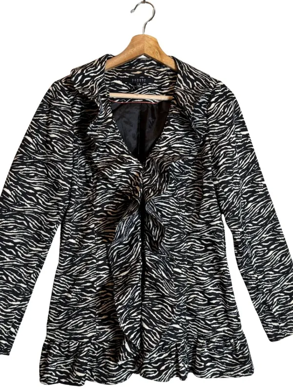 Sandro Studio Zebra Print Ruffle Jacket Women's Small Black White Designer Fun - Image 3