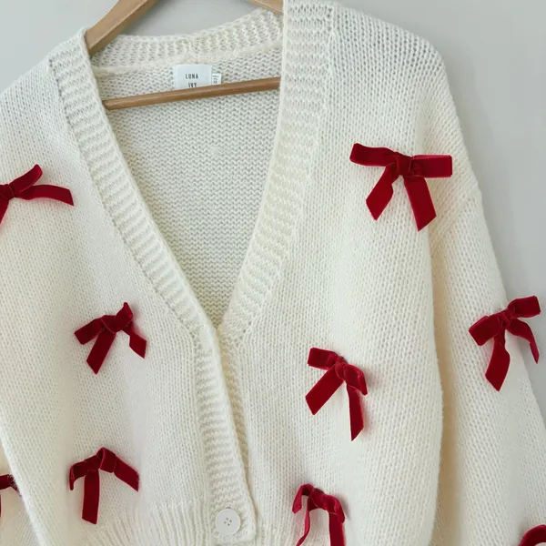 Luna Ivy Cardigan Sweater XS Cream Red Velvet Bows Coquette Balletcore Chunky - Image 2