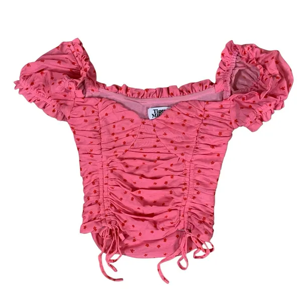 Tiger Mist Pink Ruched Puff Sleeve Crop Top XS Y2K Cottagecore Ruffle Cute - Image 2