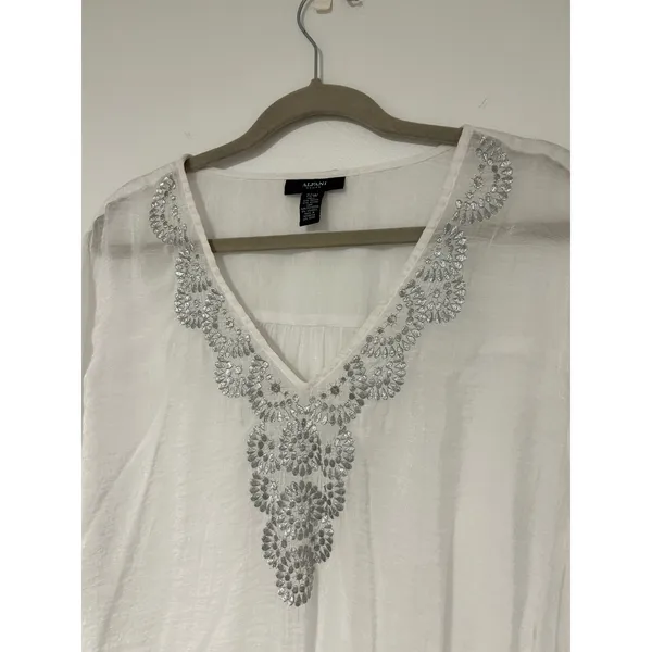Alfani Boho 22W White Silver Sequin Beaded V-Neck Kimono Sleeve Tunic Top Womens - Image 5