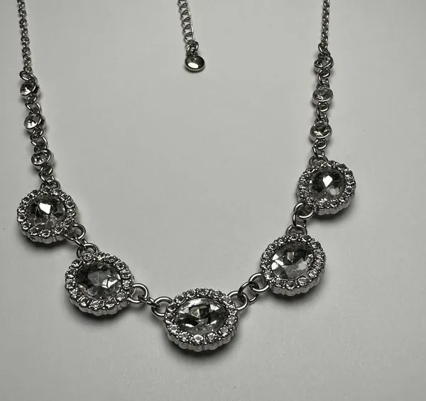 Roman Clear Rhinestone Silver Tone Necklace Signed RMN Adjustable Length - Image 2