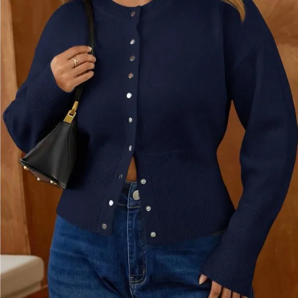 Navy Button-Front Ribbed Cardigan - Image 5