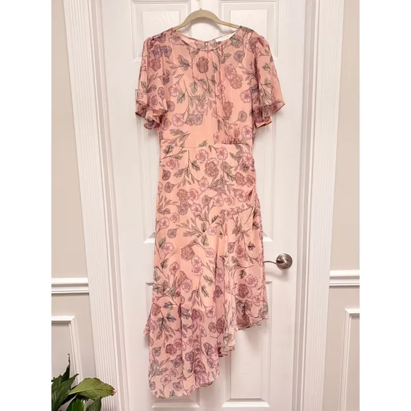 ASTR The‎ Label Pink Floral Metallic Asymmetric Midi Dress Flutter Sleeve Large - Image 2