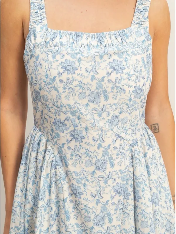 HYFVE Blue Floral Cotton Empire Waist Maxi Dress Square Neck Cottagecore Medium - Image 5