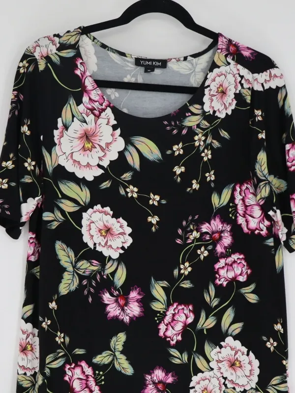 Yumi Kim Floral Dress XL Black Pink Multicolor Short Sleeve Stretch Mini Stretch - Image 3