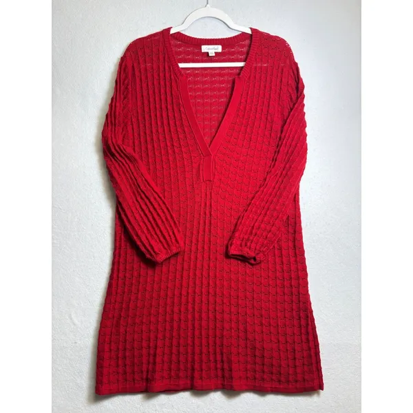 Calvin Klein Red Pointelle Knit V-Neck Sweater Dress Large - Image 2