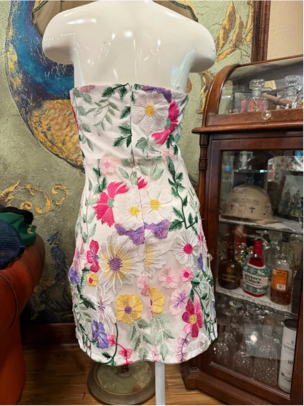 Floral Embroidered Lace Mini Dress Size S Strapless Colorful Mesh Overlay Weddin - Image 7