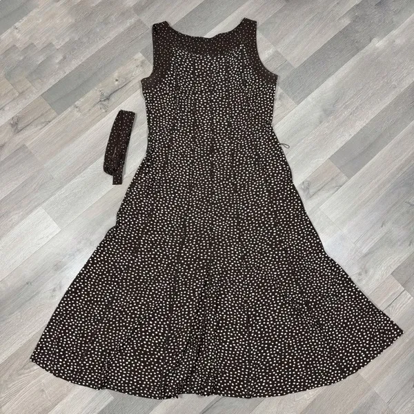 Perceptions Polka Dot Panel A Line Midi Dress Sleeveless‎ Brown White 12 - Image 14