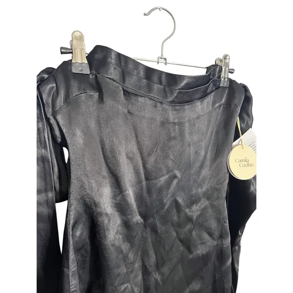 CAMILA COELHO Charlie Black Satin Off Shoulder Mini Dress Size XXS - Image 9