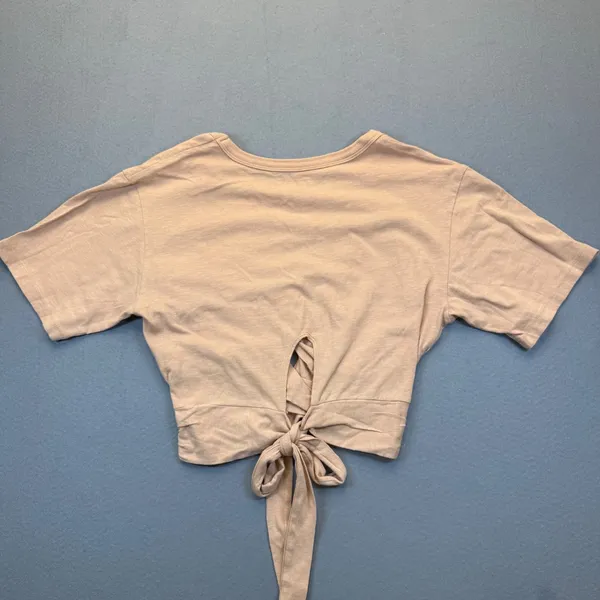 Aerie Women‎ XS Nude Peach Cotton Front Tie Wrap Crop Top Short Sleeve 078-5496 - Image 9