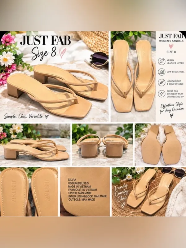 JustFab Tan Minimalist Square-Toe Mid Block Heel Sandals size 8 - Image 5