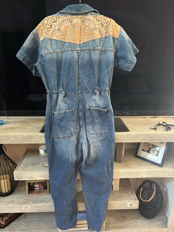 We The Free Blue Denim Short-Sleeve Jumpsuit with Tan Bandana Panels - Image 4